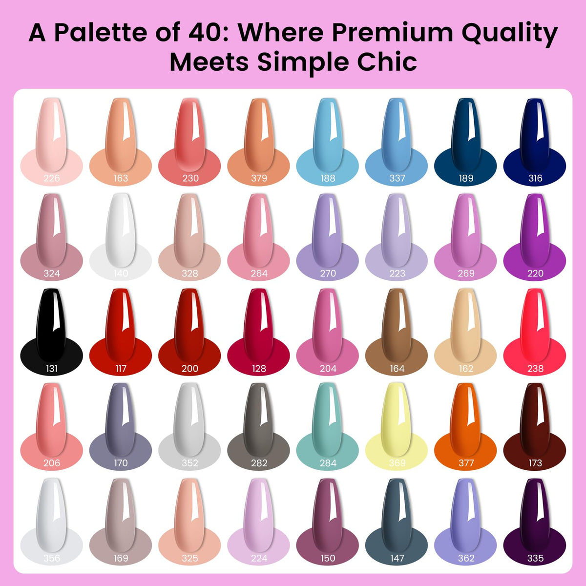 phoenixy 40 color gel polishes laid out showing variety and inspiration