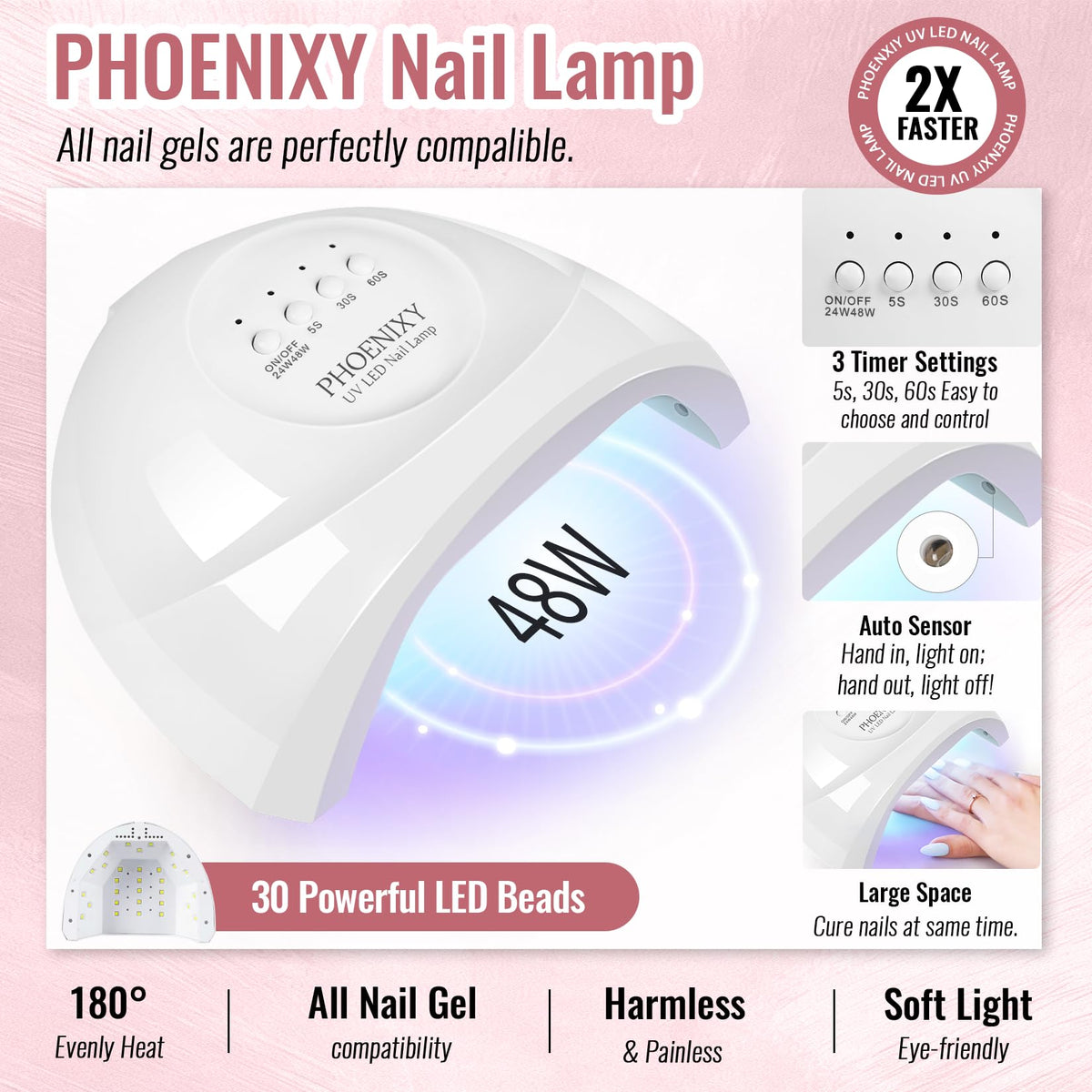 phoenixy 48w led lamp detail highlighting fast cure performance and even light distribution
