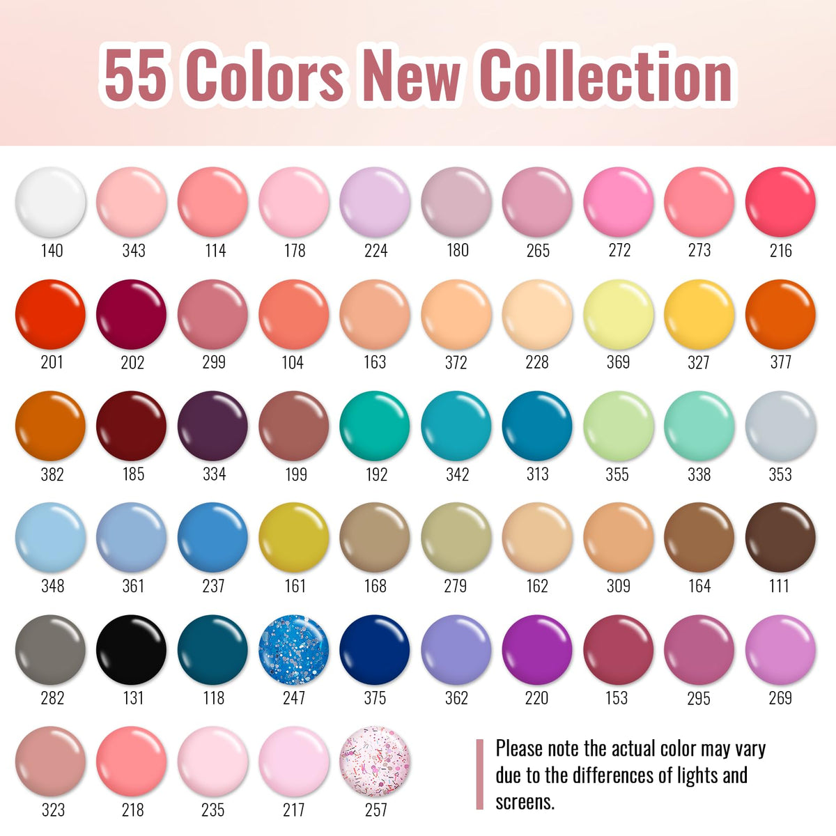 phoenixy 55 nude colors array displayed to show shade variety and styling options