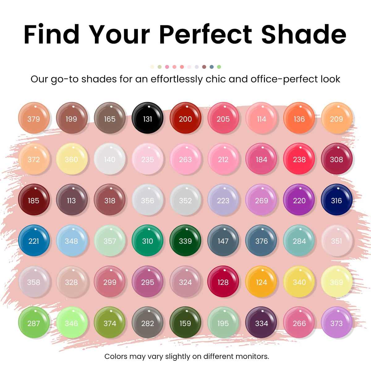 phoenixy overhead spread of 54 vibrant gel colors displaying variety and choice