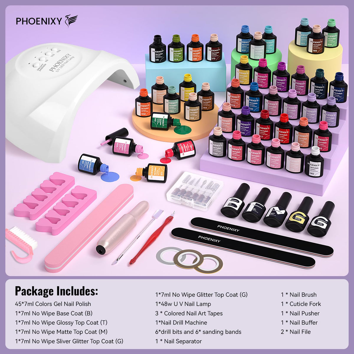 phoenixy decorations and tools spread showing variety for custom nail art