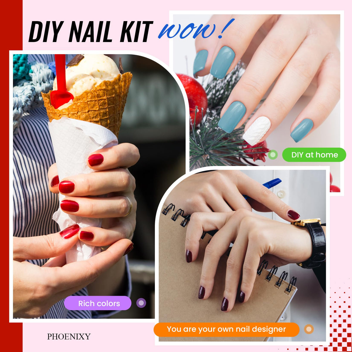 phoenixy nail art tools and decorations laid out for easy creative application