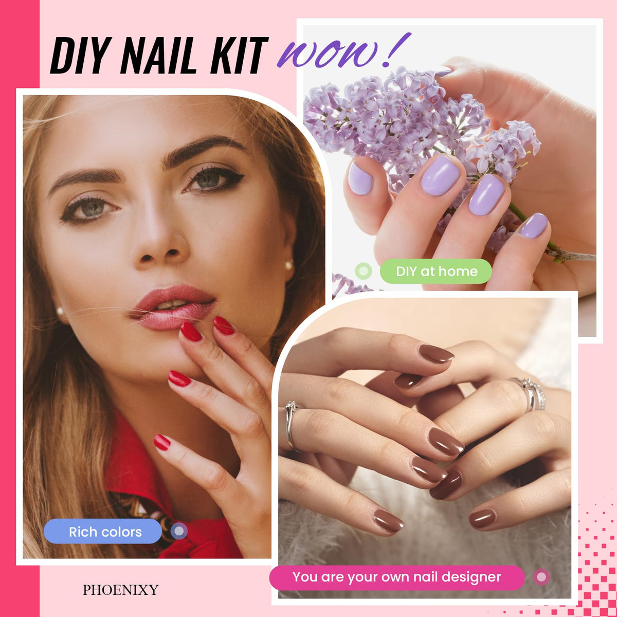 phoenixy manicure tools and decorations arranged for easy DIY use