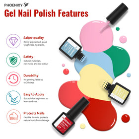 phoenixy top coats and bottles detail showing glossy matte and glitter finishing options