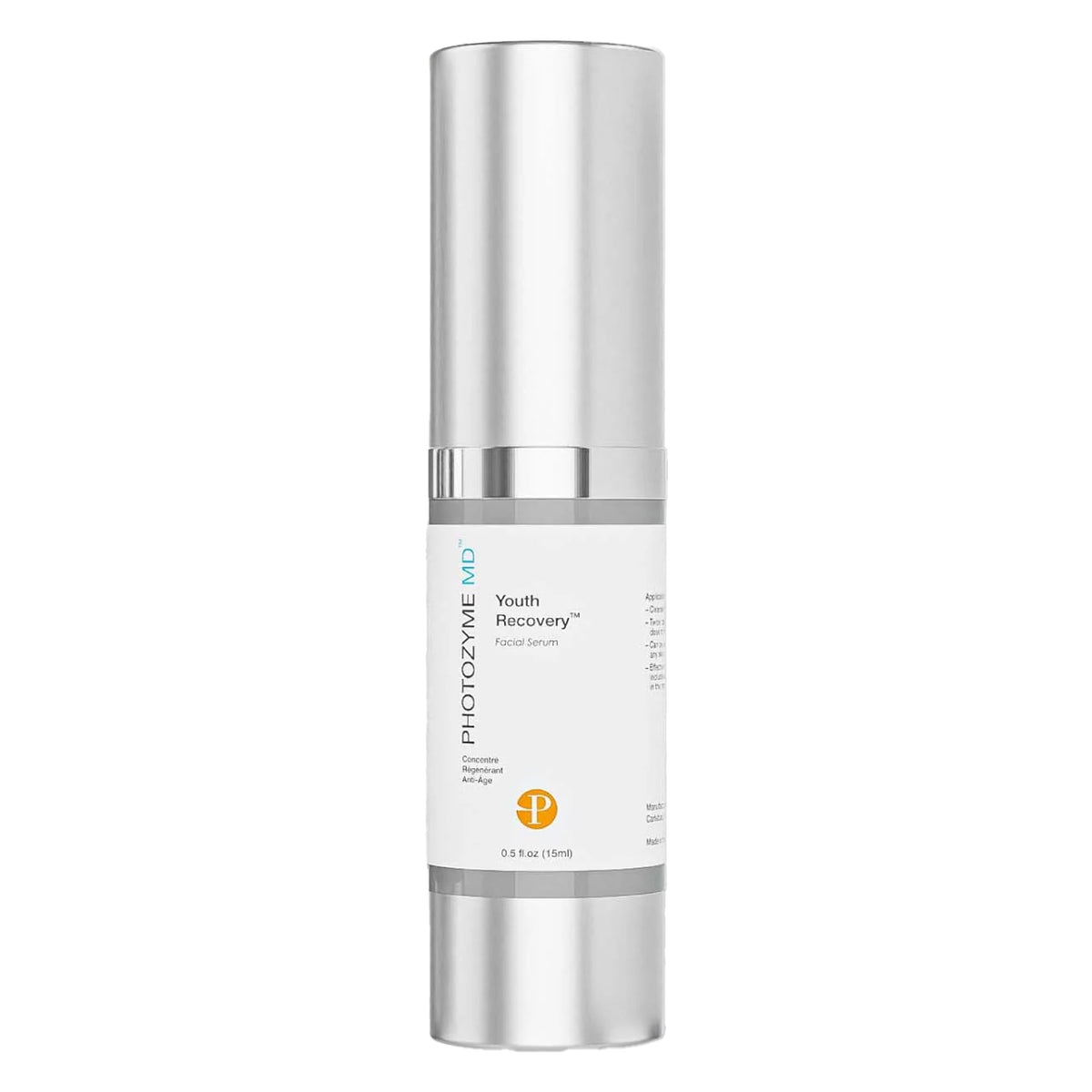 Photozyme bottle front view showing compact 0.5 fl oz size and sleek packaging benefit