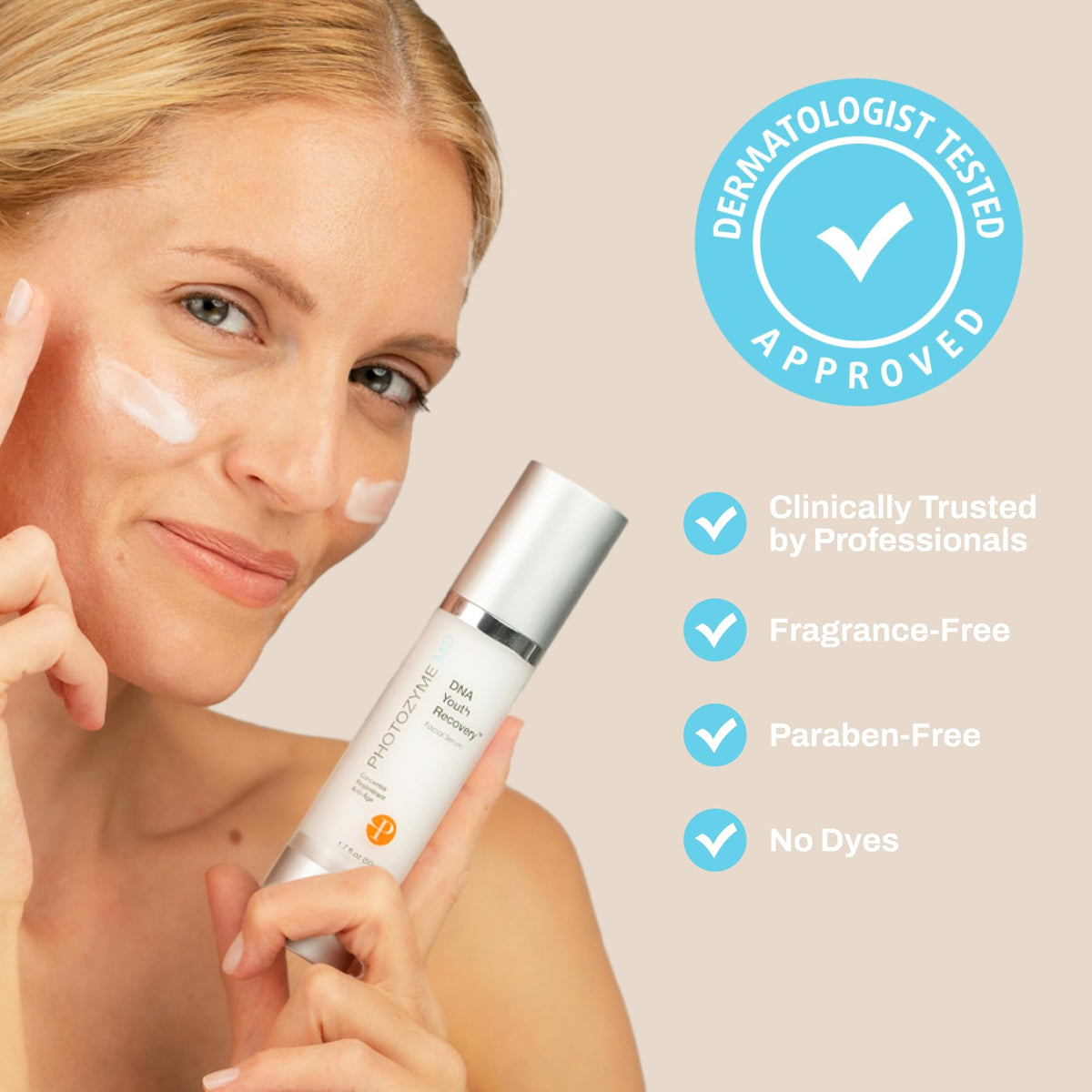 Photozyme serum on hand being applied demonstrating smooth spreadability benefit