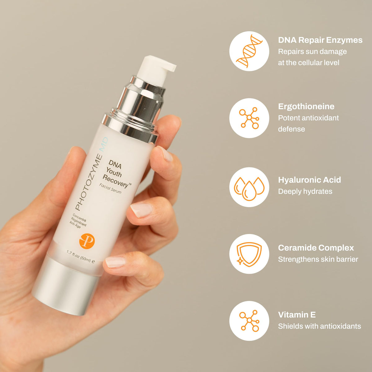 Photozyme serum dispensed on hand illustrating easy application benefit