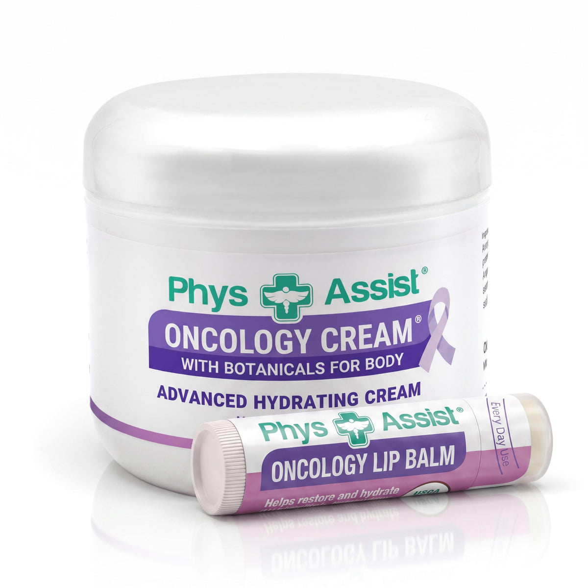 PhysAssist front packaging showing the body cream and lip balm, soothing hydration visible