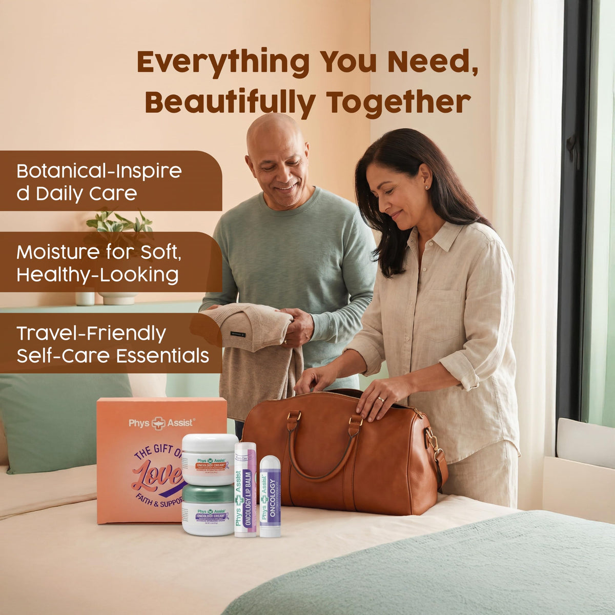 PhysAssist bedside lifestyle setting with kit, suggests comforting nightly routine