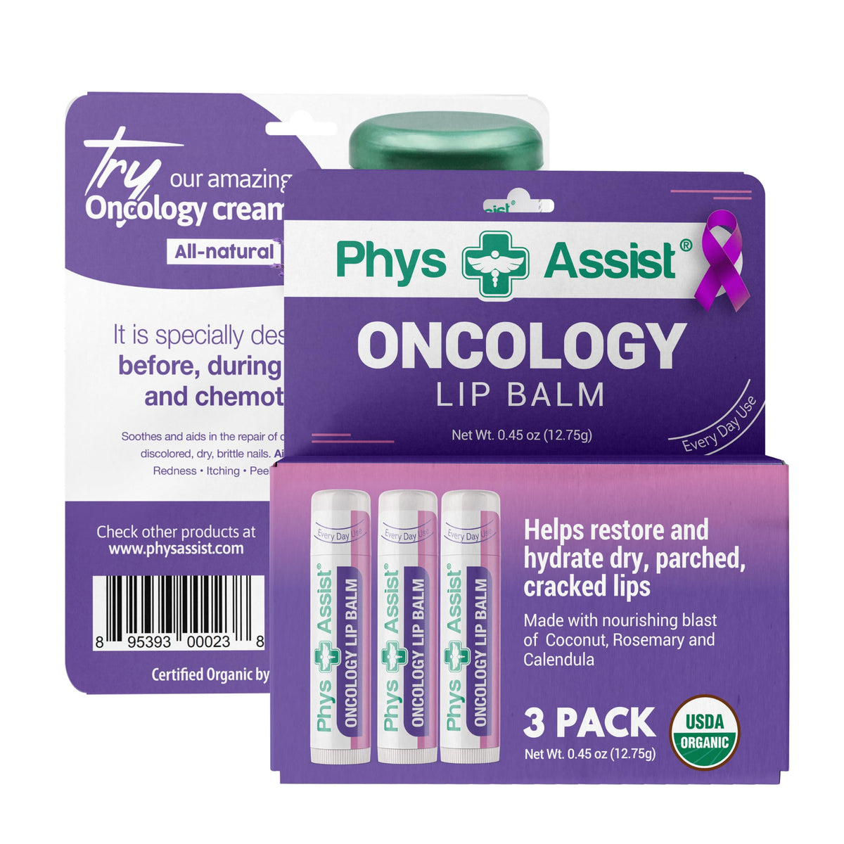 PhysAssist front packaging showing organic lip balm benefits and calming design
