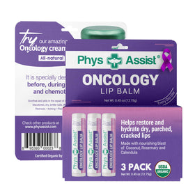 PhysAssist front packaging showing organic lip balm benefits and calming design