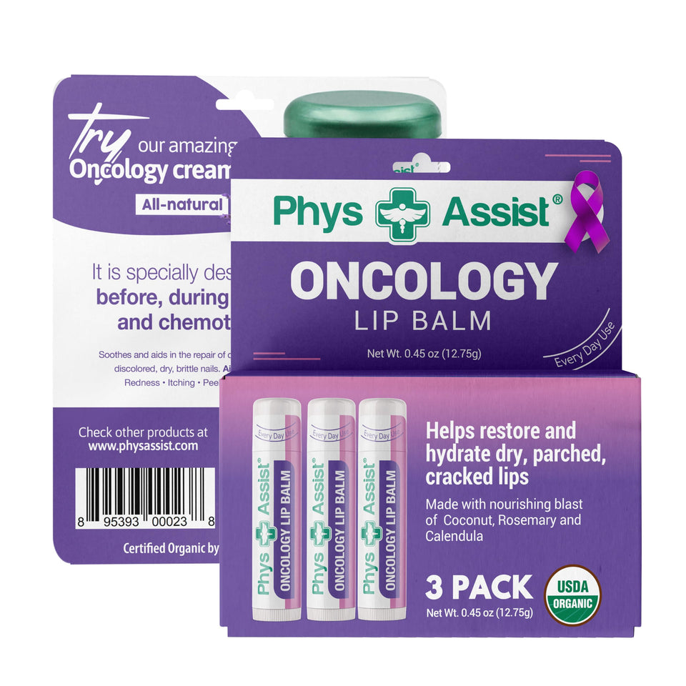 PhysAssist front packaging showing organic lip balm benefits and calming design