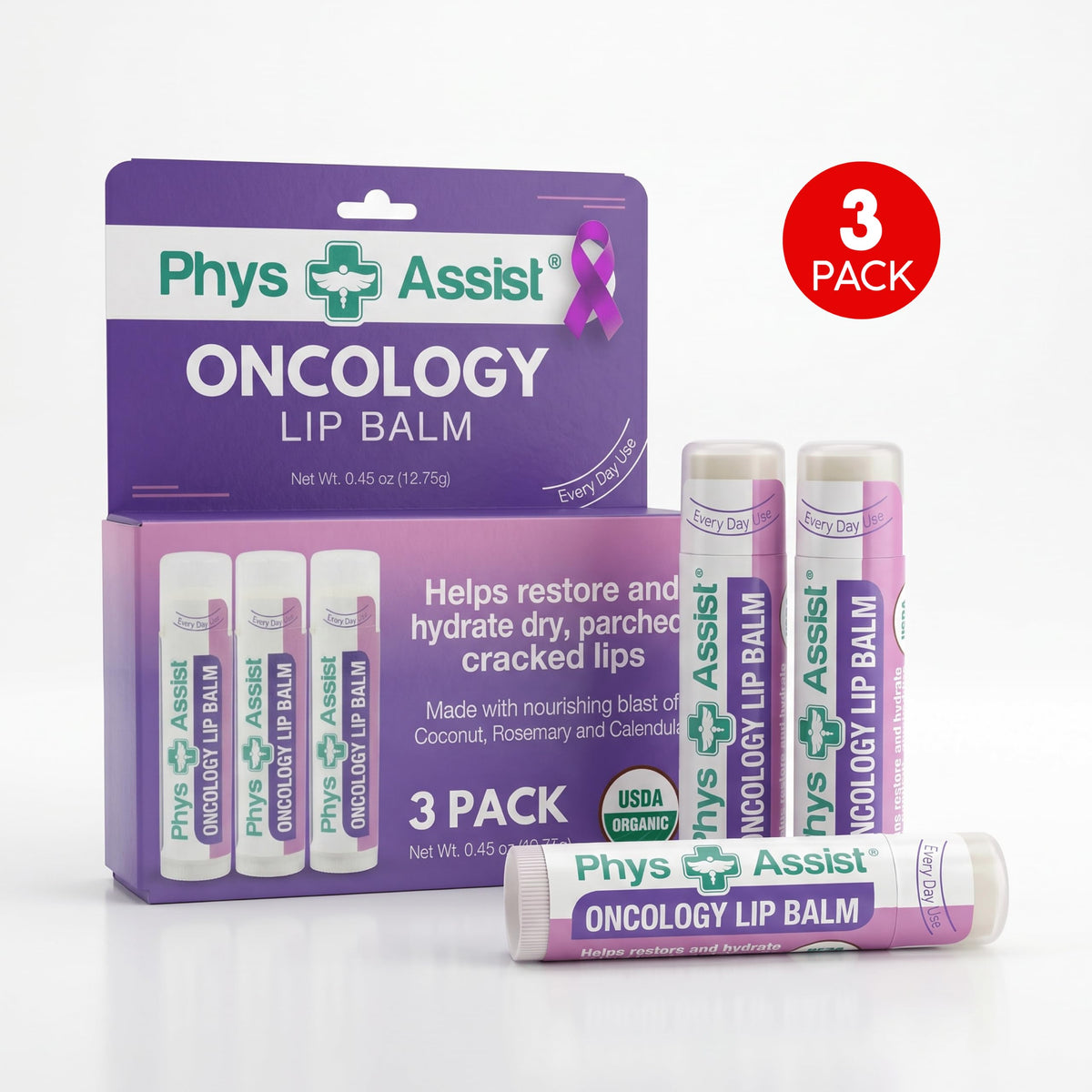 PhysAssist lip balm in a travel pouch ready for on-the-go hydration