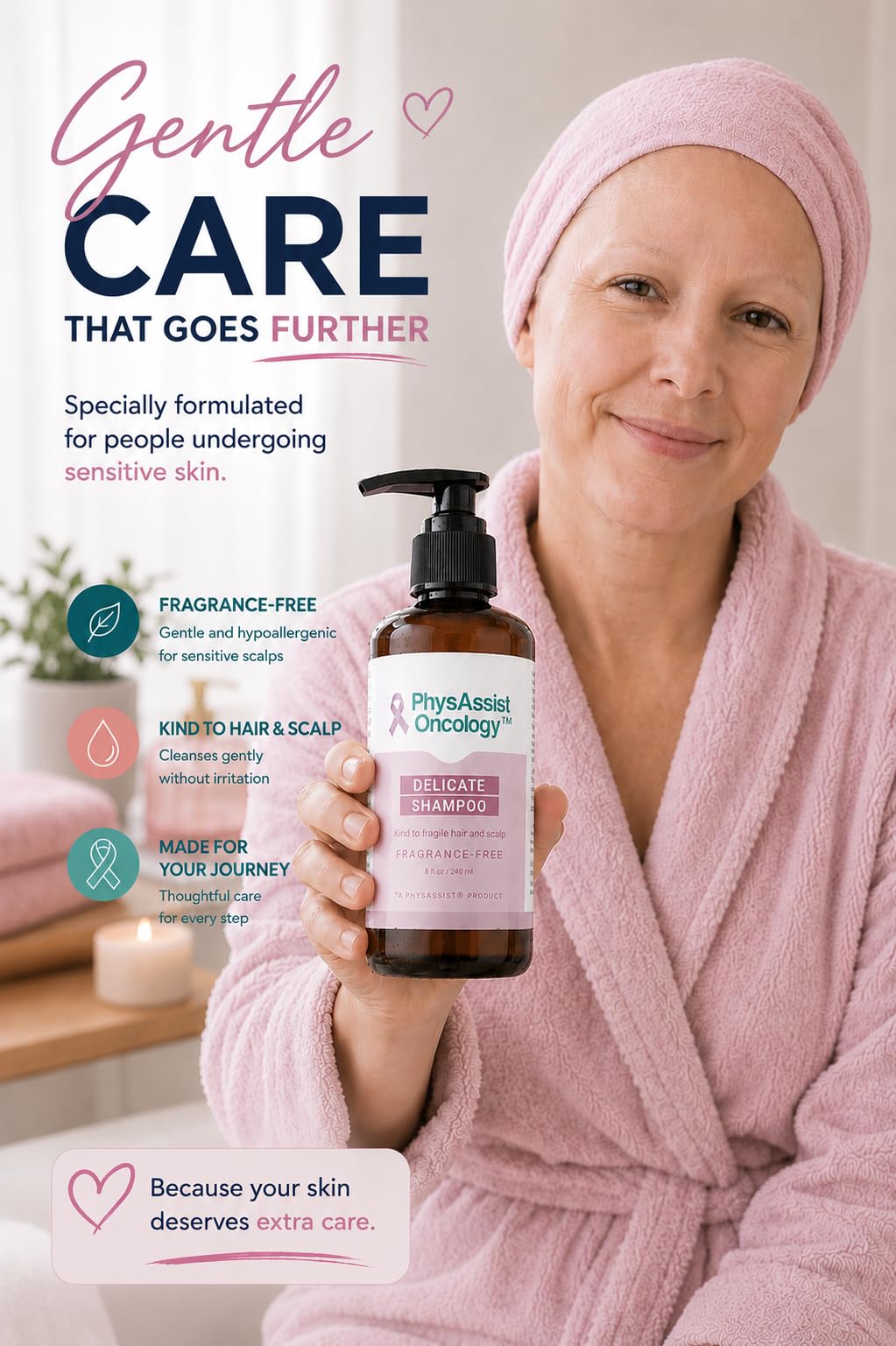 PhysAssist shampoo being applied to wet hair for gentle cleansing