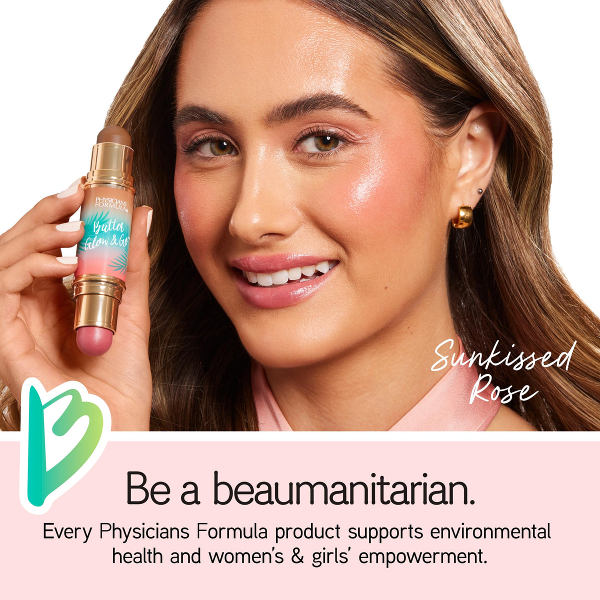 Physicians Formula stick applied on cheek and lips demonstrating buildable natural radiance