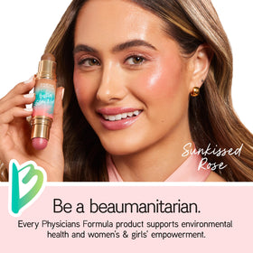 Physicians Formula stick applied on cheek and lips demonstrating buildable natural radiance