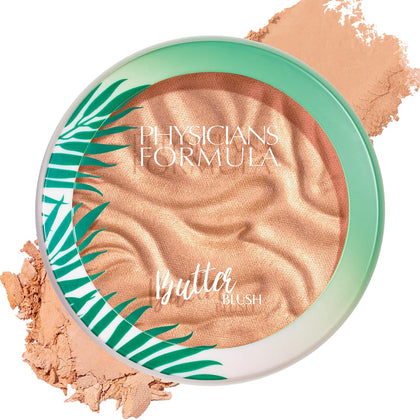 Physicians Formula Murumuru Butter Blush front compact showing Beachy Peach and clear lid, flattering color payoff