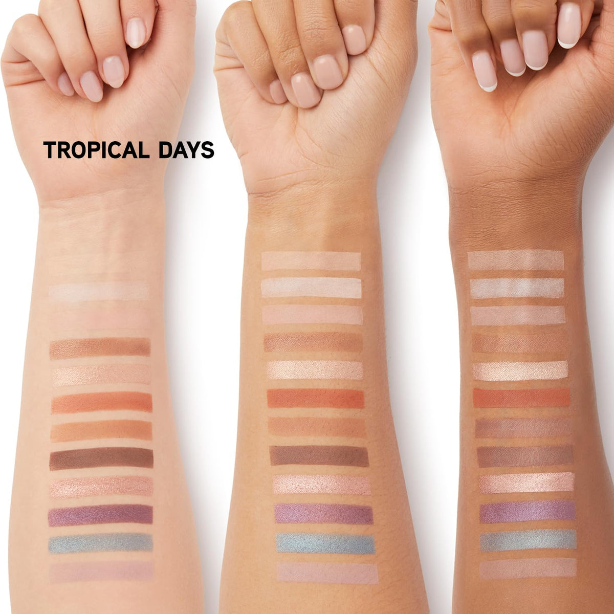 Physicians Formula arm swatches of several Tropical Days shades demonstrating payoff
