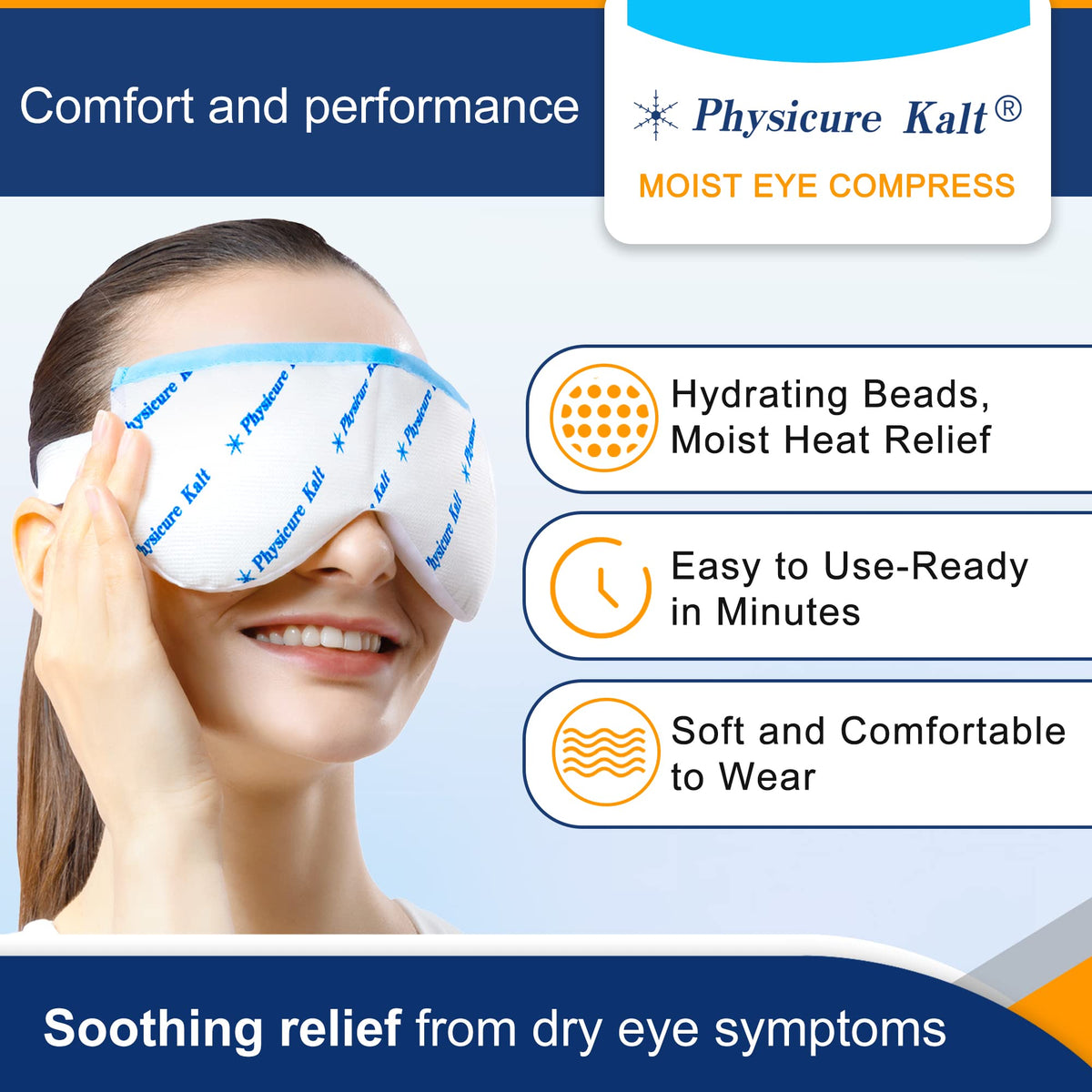 Physicure Kalt mask worn by model demonstrating soothing moist-heat relaxation