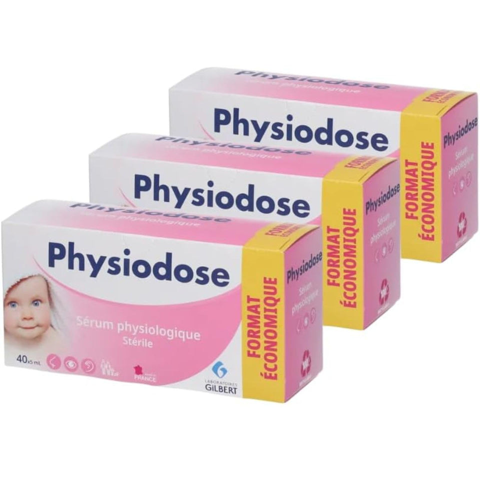 Physiodose front packaging showing single-dose vials for safe infant nasal and eyelid care