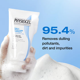 PHYSIOGEL foam lather on hand illustrating mild foaming and easy rinse