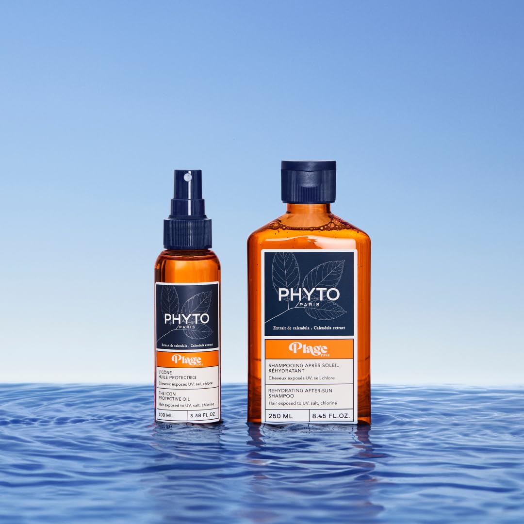 PHYTO Plage applied on hair at beach showing UV and water resistance