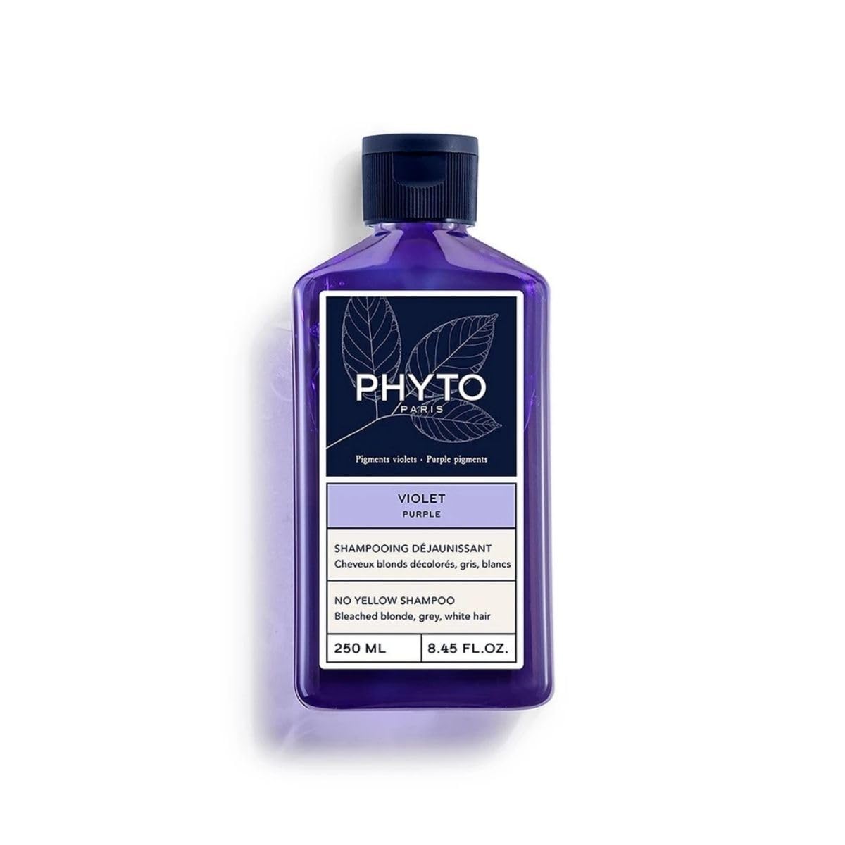 PHYTO front bottle showing purple no-yellow shampoo for cool tones and easy identification