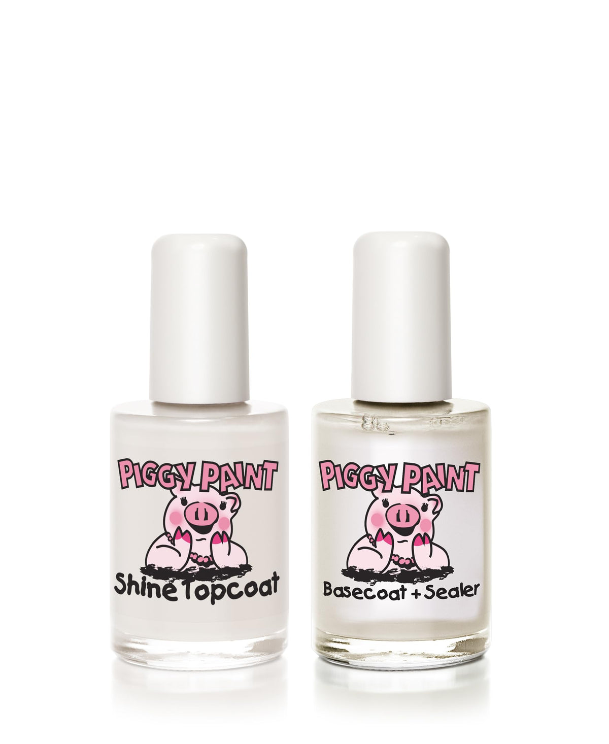 Piggy Paint basecoat bottle close-up with brush demonstrating easy application