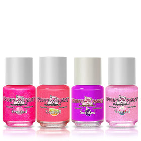 Piggy Paint bottle labels close-up displaying shade names and kid-friendly formula info