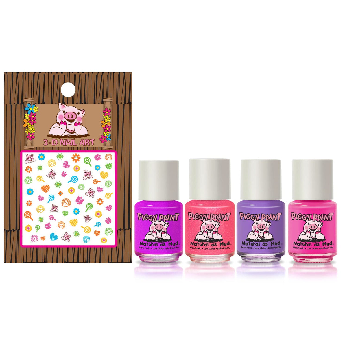 Piggy Paint four mini bottles lineup demonstrating variety and portability