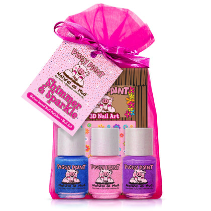 Piggy Paint front packaging showing shimmer set and safe ingredients benefit