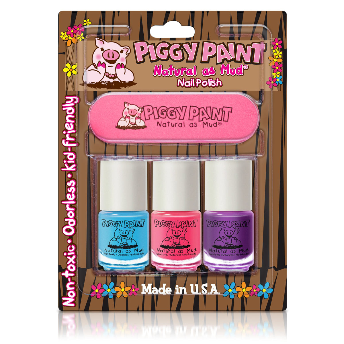 Piggy Paint front packaging showing three shades and a file, bright safe manicure