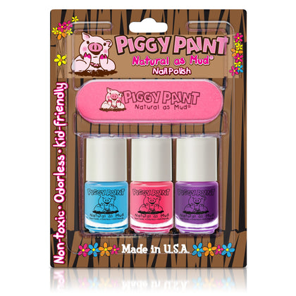 Piggy Paint front packaging showing three shades and a file, bright safe manicure