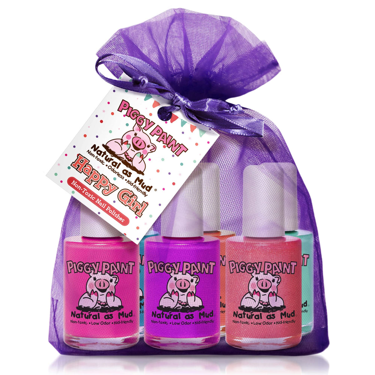 Piggy Paint front packaging showing six kid-safe colors and benefits