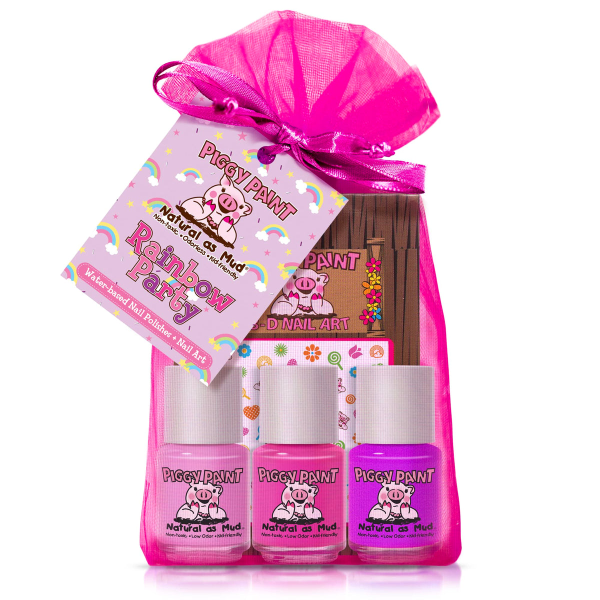 Piggy Paint Rainbow Party front packaging showing colorful kid-safe polish benefits