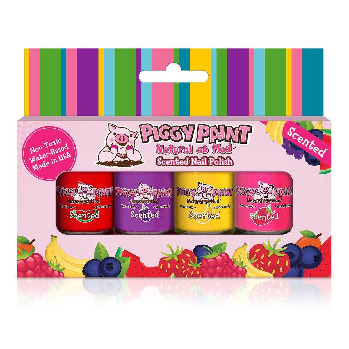 Piggy Paint front view showing four scented mini bottles and playful colors, safe choice