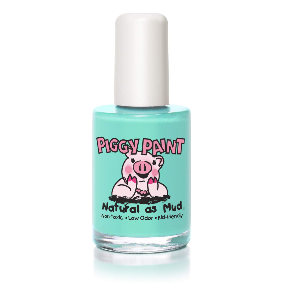 Piggy Paint front bottle showing seafoam green shade and safe formula benefits