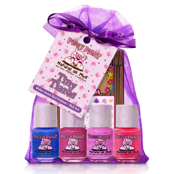 Piggy Paint front packaging showing four-color Tiny Tiaras kit and benefits