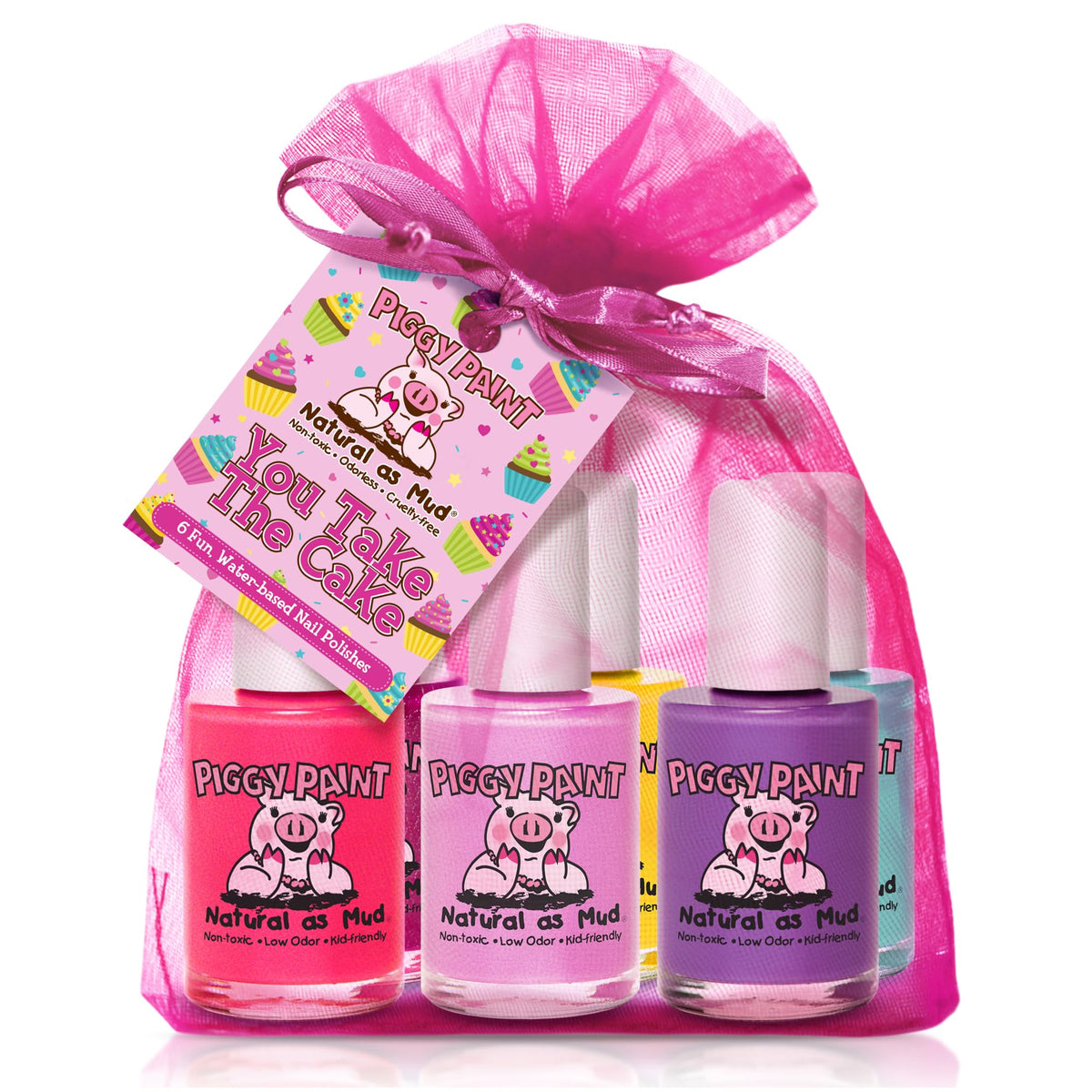 Piggy Paint front packaging showing six safe polishes and kid-friendly design