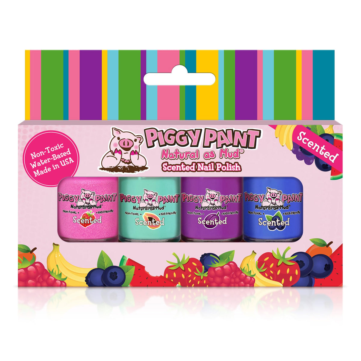 Piggy Paint front packaging showing four scented mini polishes and bright design