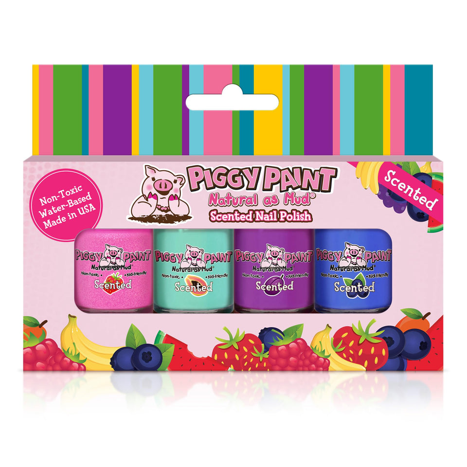 Piggy Paint front packaging showing four scented mini polishes and bright design