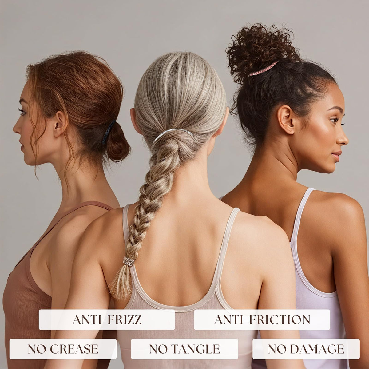 PILAVA scrunchie on model high ponytail illustrating secure non-slip grip