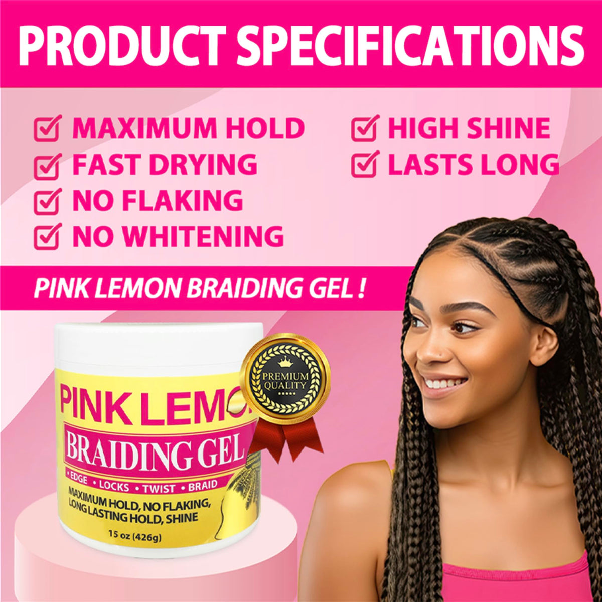 PINK LEMON on braids in use demonstrating long-lasting hold and neat plaits