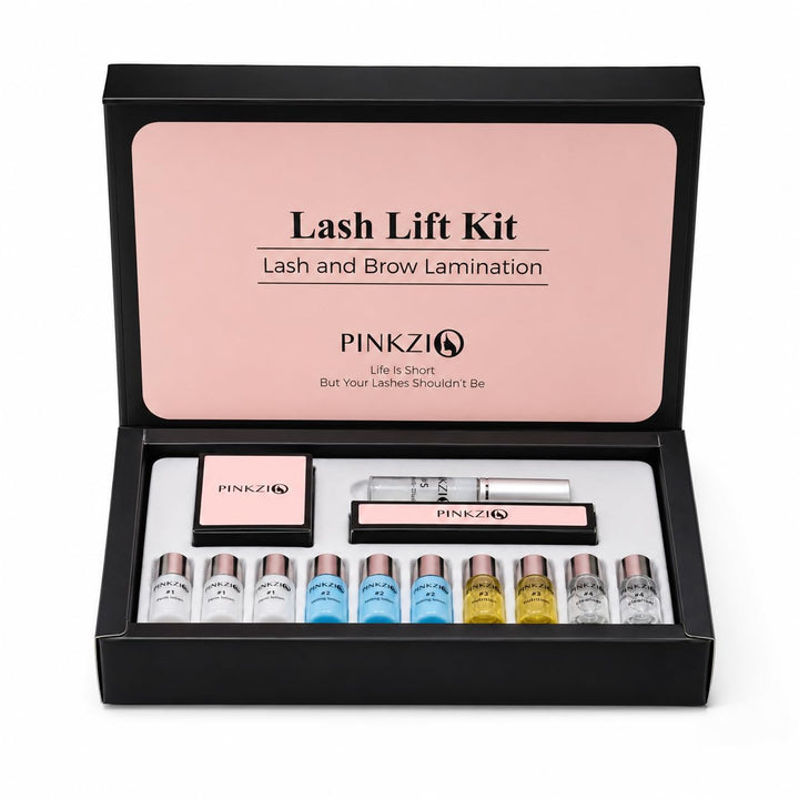 PINKZIO kit front view showing complete lash lift set and professional components