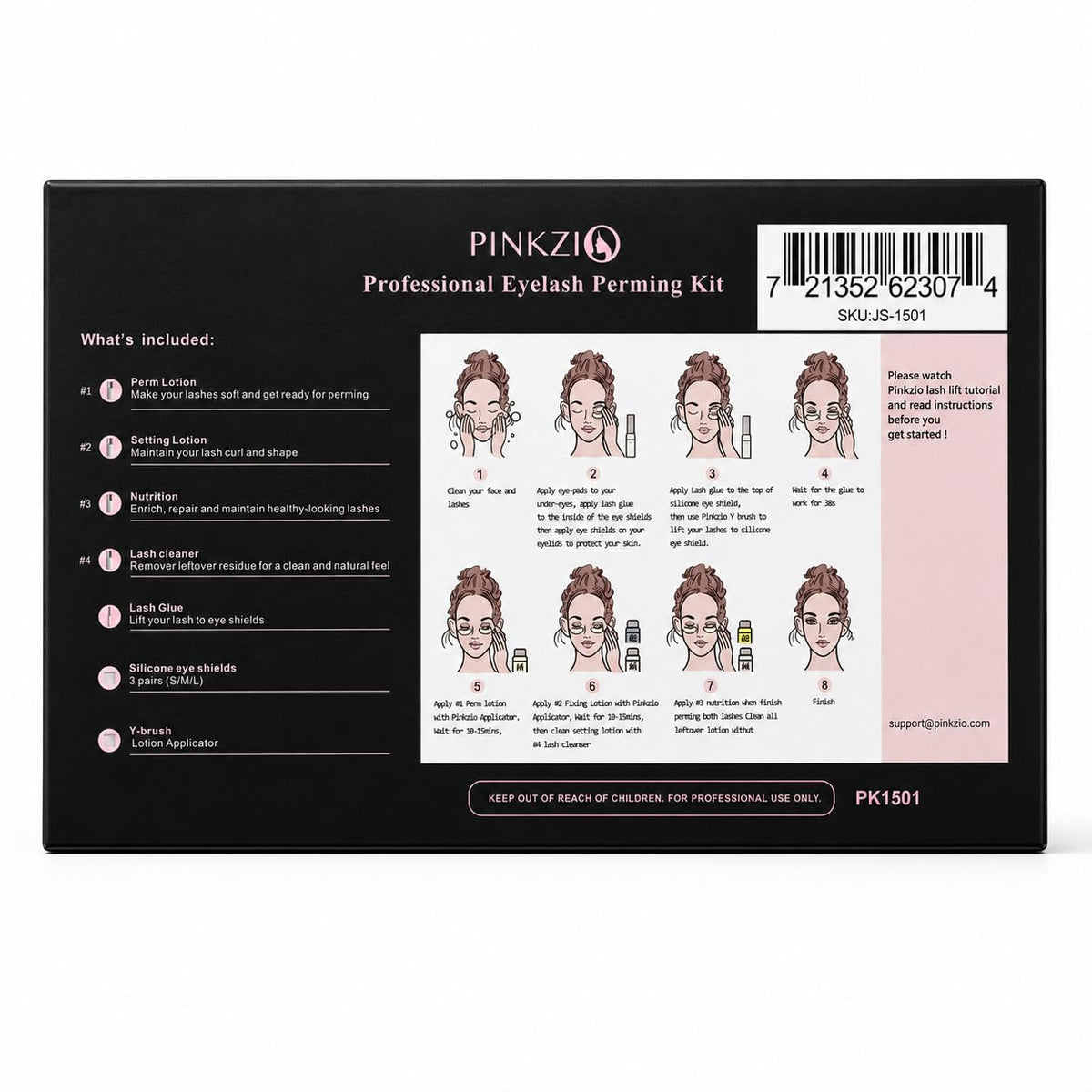 PINKZIO perm and neutralizer bottles demonstrating step-by-step controlled curling