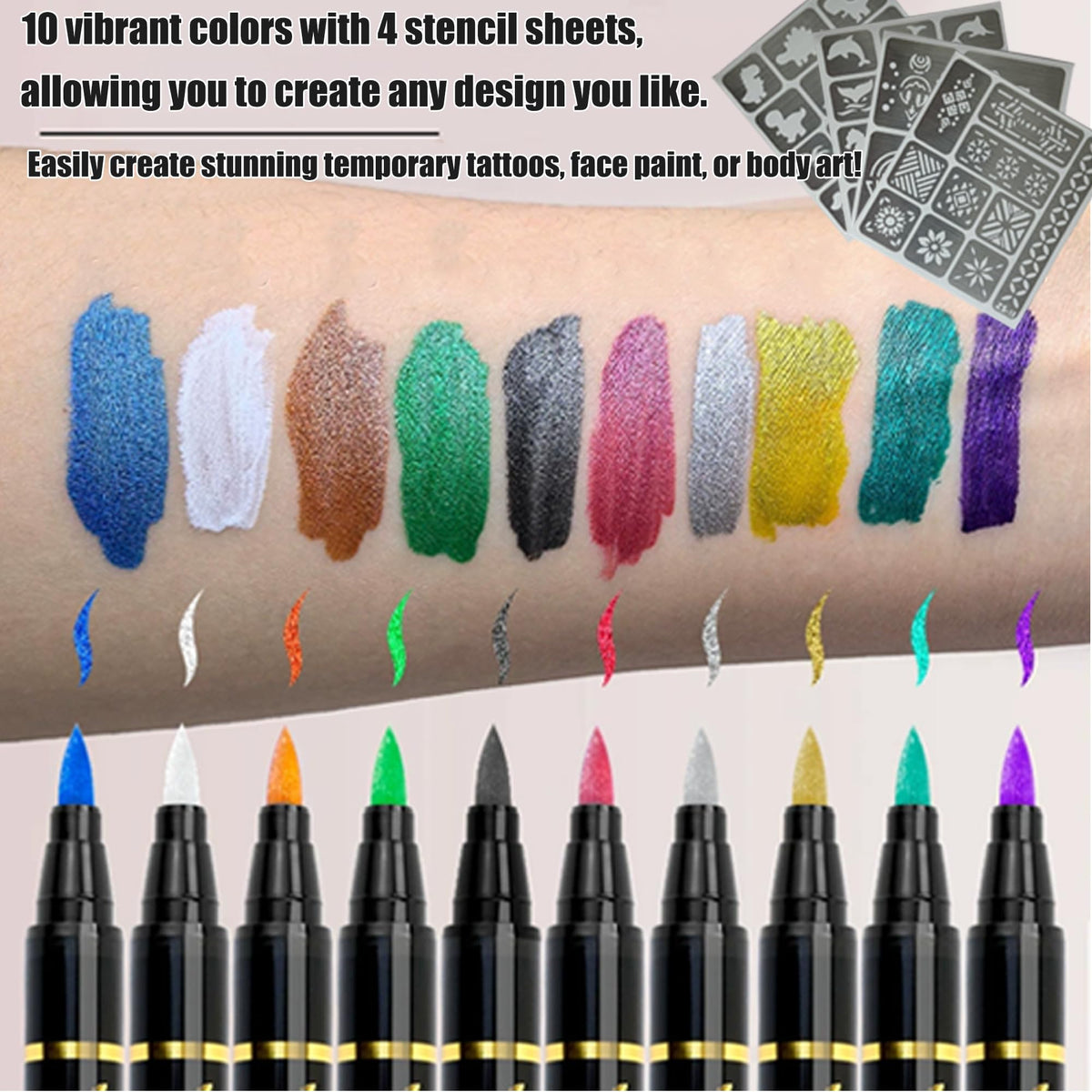 Pintada metallic swatches on skin showcasing vibrant reflective colors for bold designs