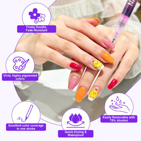 Pintada nail design in use with pen creating delicate floral details for control