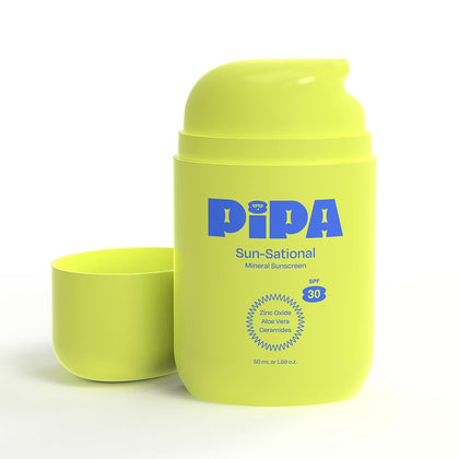 Pipa front packaging showing Sun-Sational SPF 30 bottle and clear label, easy identification benefit