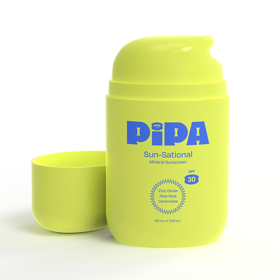 Pipa front packaging showing Sun-Sational SPF 30 bottle and clear label, easy identification benefit