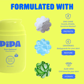 Pipa ingredient display with ceramides and aloe emphasizing barrier support and soothing hydration